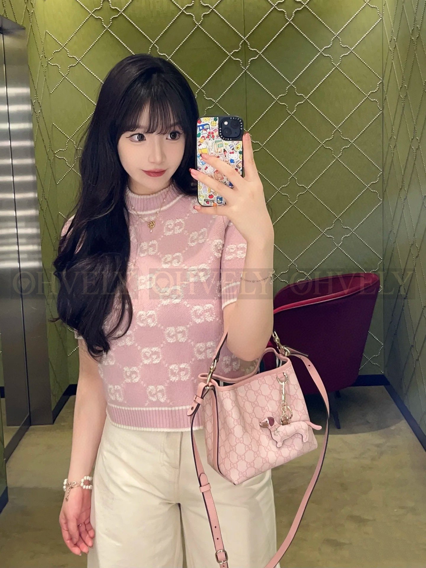 【 ZP버전 】Gucci 부클레 GG울 자카드 탑 여성스웨터 라이트핑크