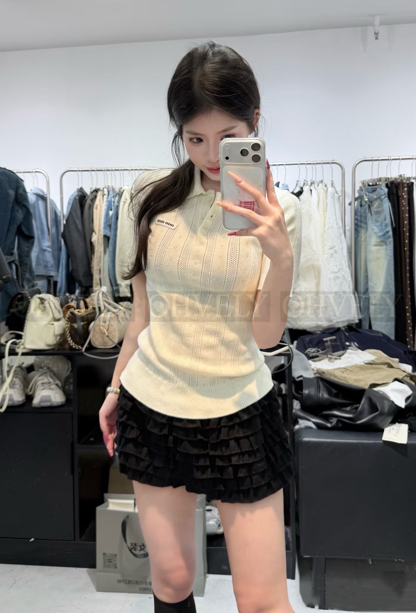 ZP버전 】 MIUMIU 미우미우 26SS 레이스 칼라 로고 니트 폴로 셔츠