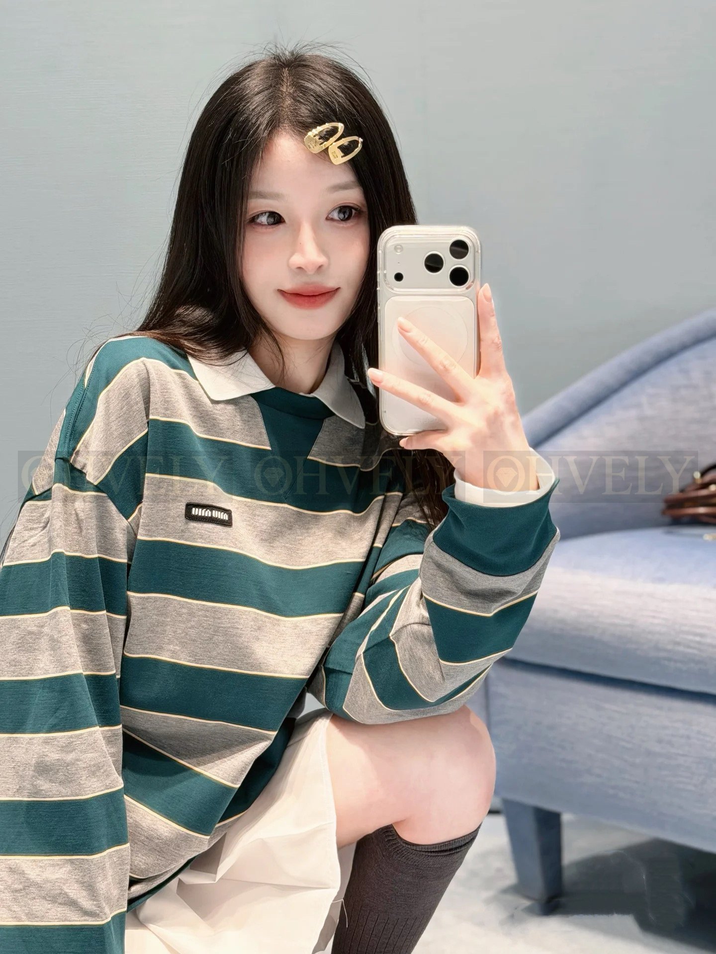 【 ZP버전 】 MIUMIU 미우미우 26SS 스트라이프 코튼 롱 슬리브 티셔츠