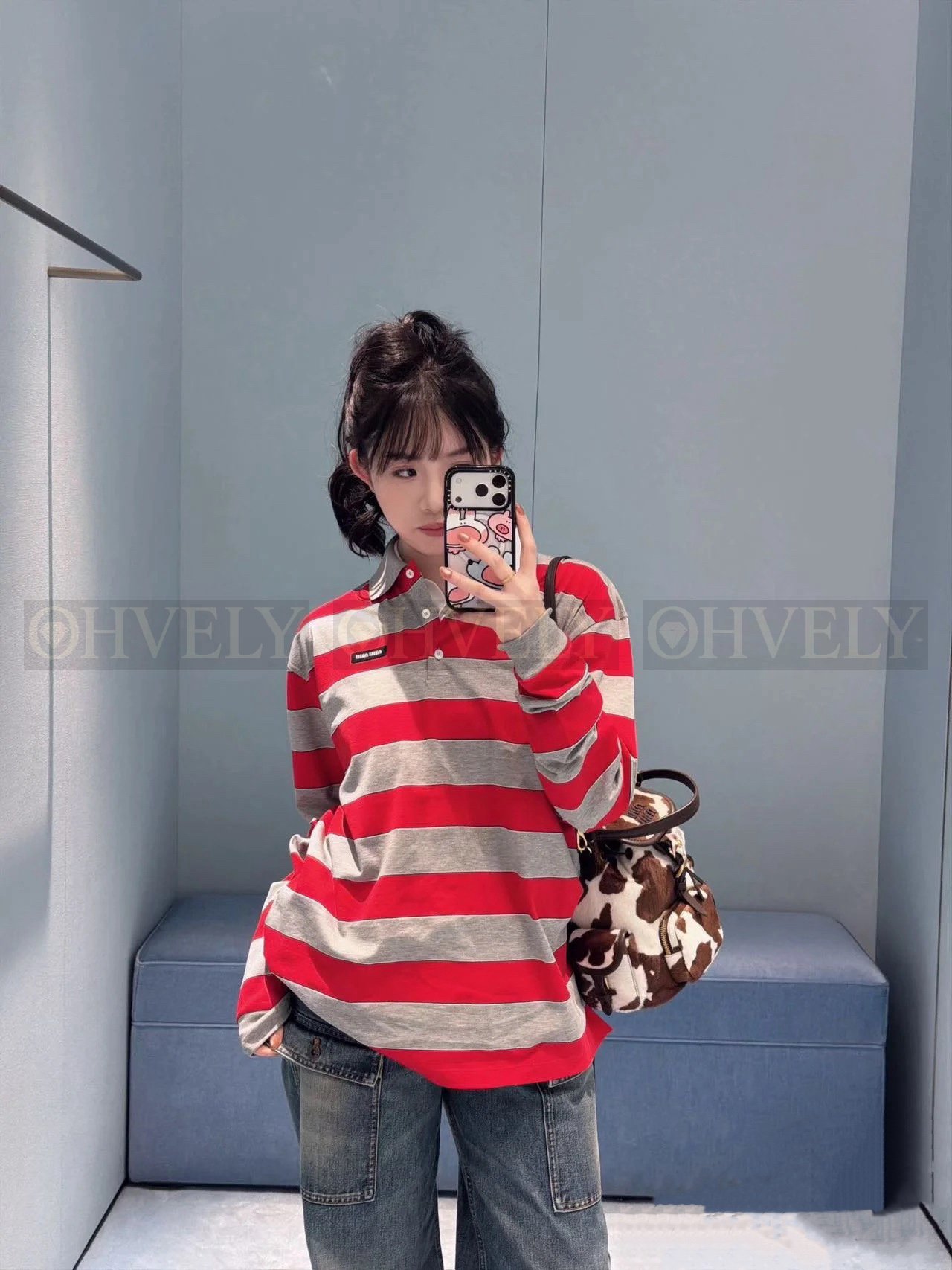 ZP버전 】 MIUMIU 미우미우 26SS 스트라이프 코튼 롱 슬리브 폴로 셔츠