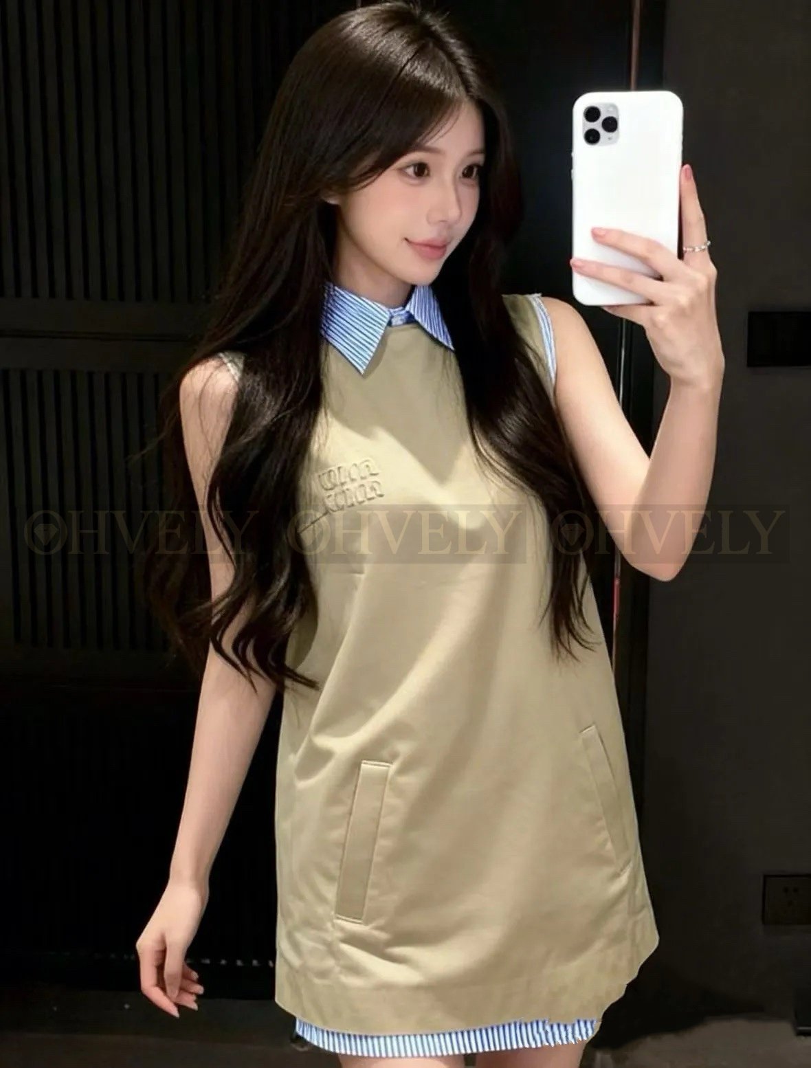 【 ZP버전 】 MIUMIU 셔츠 레이어드 디테일 코튼 원피스