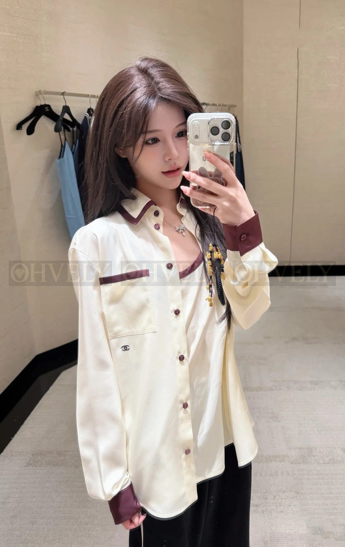 【 ZP버전 】샤넬 카라 롱 슬리브 실크 셔츠