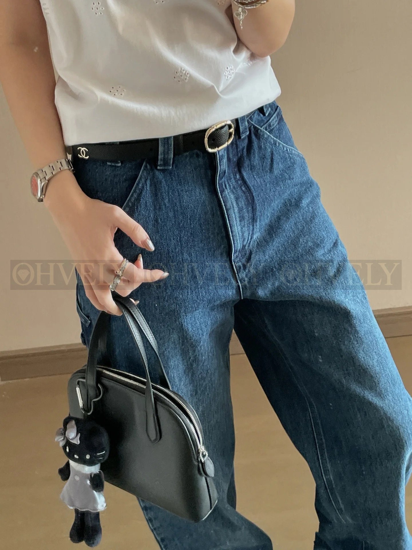 【 ZP버전 】샤넬 쌍C 로고 스트랩 워크웨어 데님 팬츠