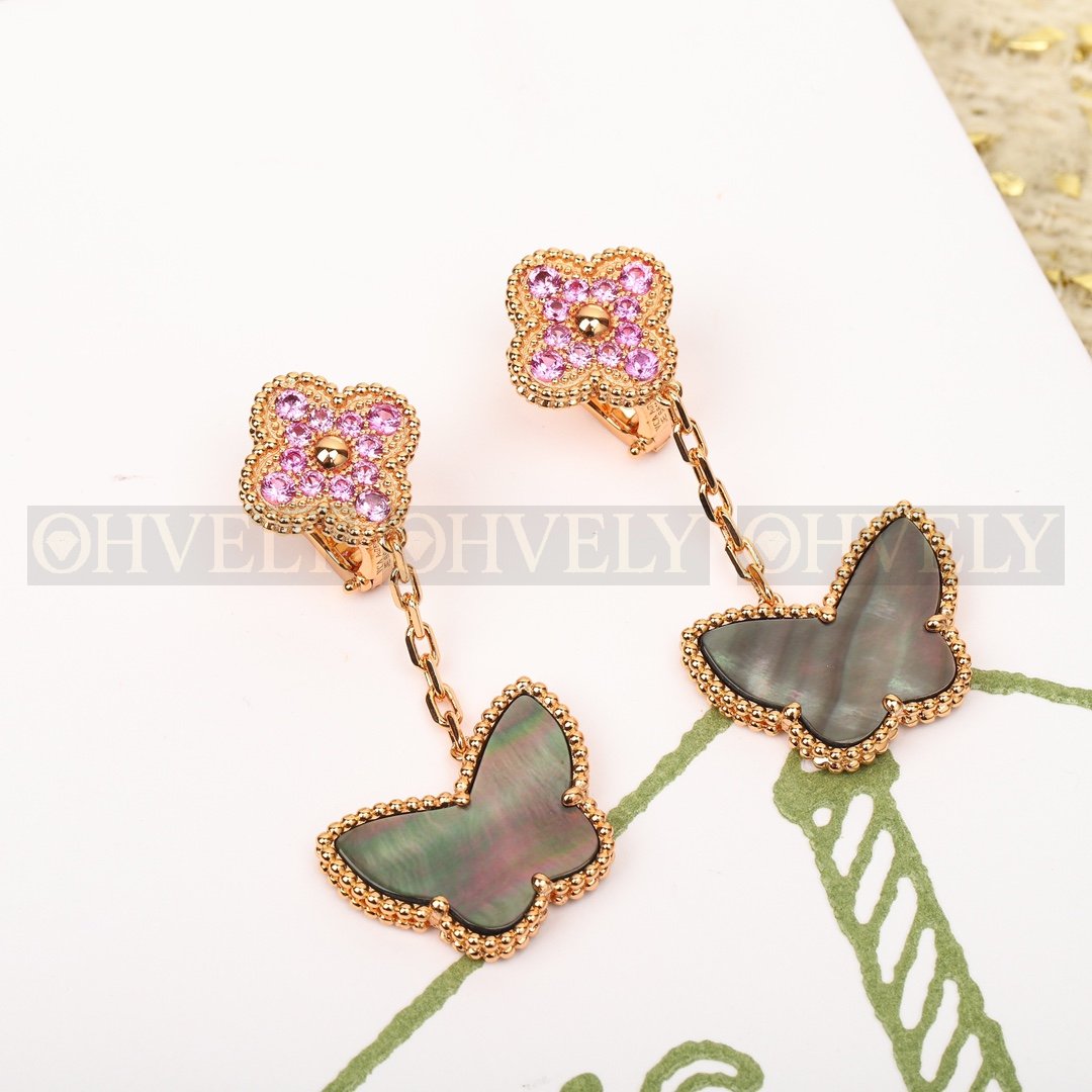 반클리프 아펠 Van Cleef & Arpels 럭키 알함브라 이어링 (2개 모티프 - 핑크 사파이어 & 그레이 자개)