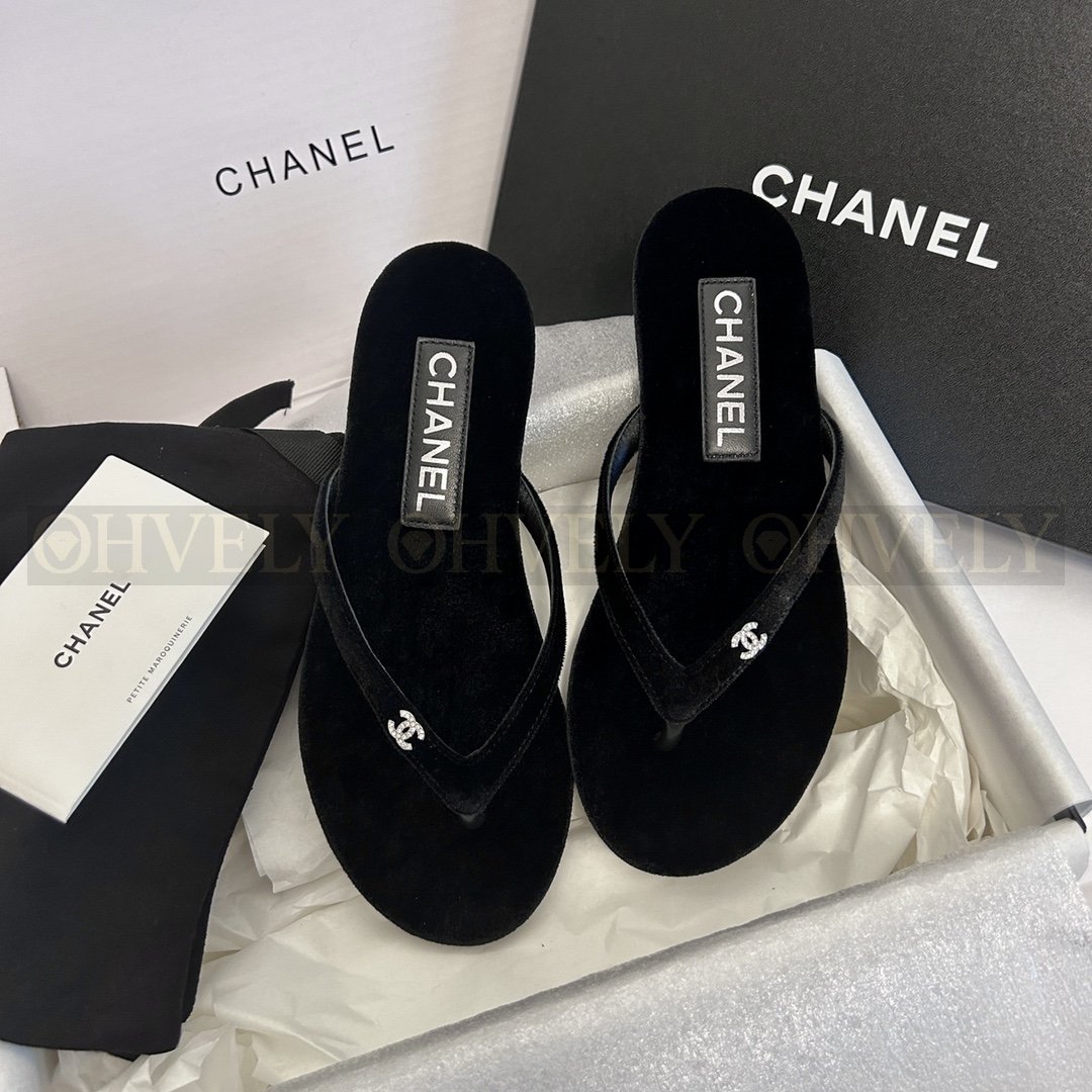 Chanel CC로고 크리스탈 벨벳 쪼리 슬리퍼