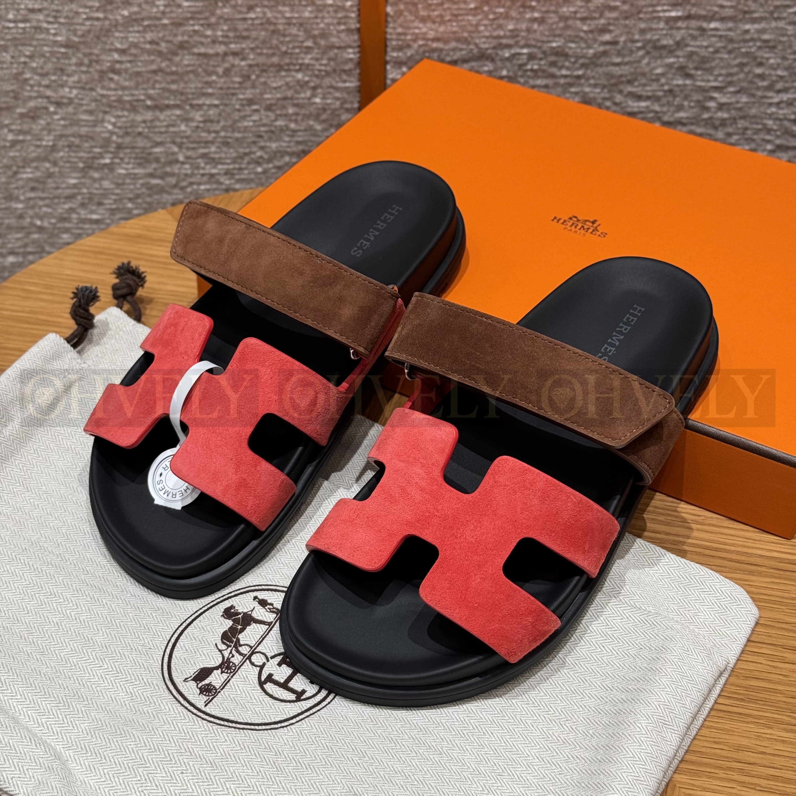 HERMÈS 에르메스 칩레 샌들 샤무아 카프스킨 & 블랙 로버 솔 (Brownish red / amber earthy yellow)