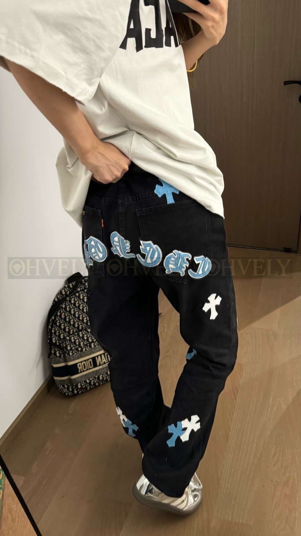 【 ZP버전 】크롬하츠 Chrome Hearts 블루 화이트 크로스 패치 블랙 데님 팬츠