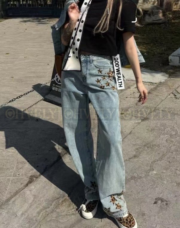 【 ZP버전 】크롬하츠 Chrome Hearts 레오파드 스타 패치 빈티지 데님 팬츠