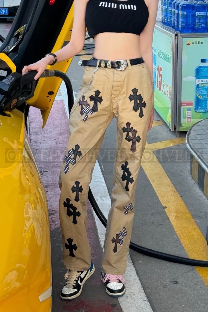 【 ZP버전 】크롬하츠 Chrome Hearts 카키 블랙 멀티 크로스 패치 워크 팬츠