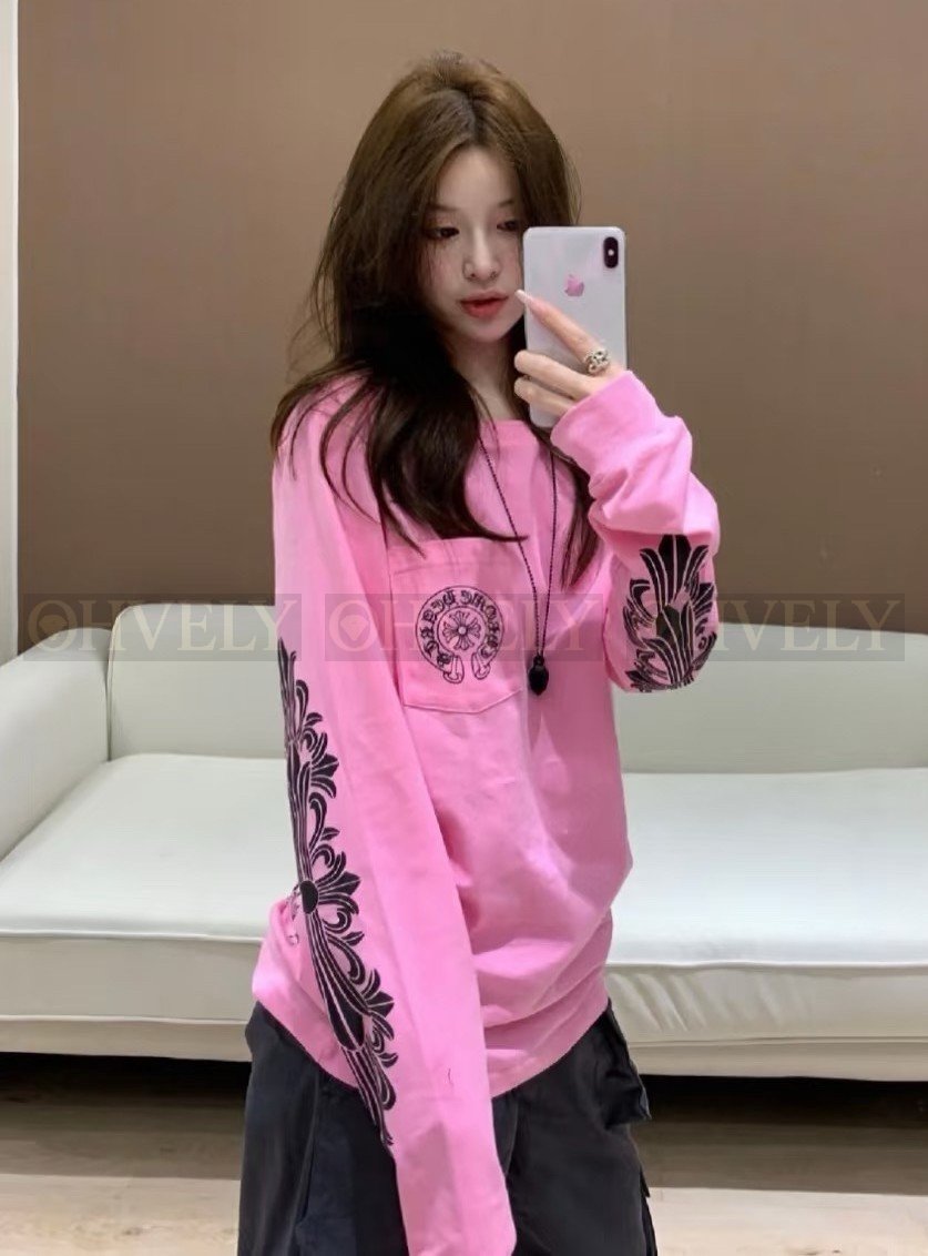 【 ZP버전 】크롬하츠 Chrome Hearts 홍콩 한정 플로럴 크로스 호스슈 롱슬리브 티셔츠 핑크