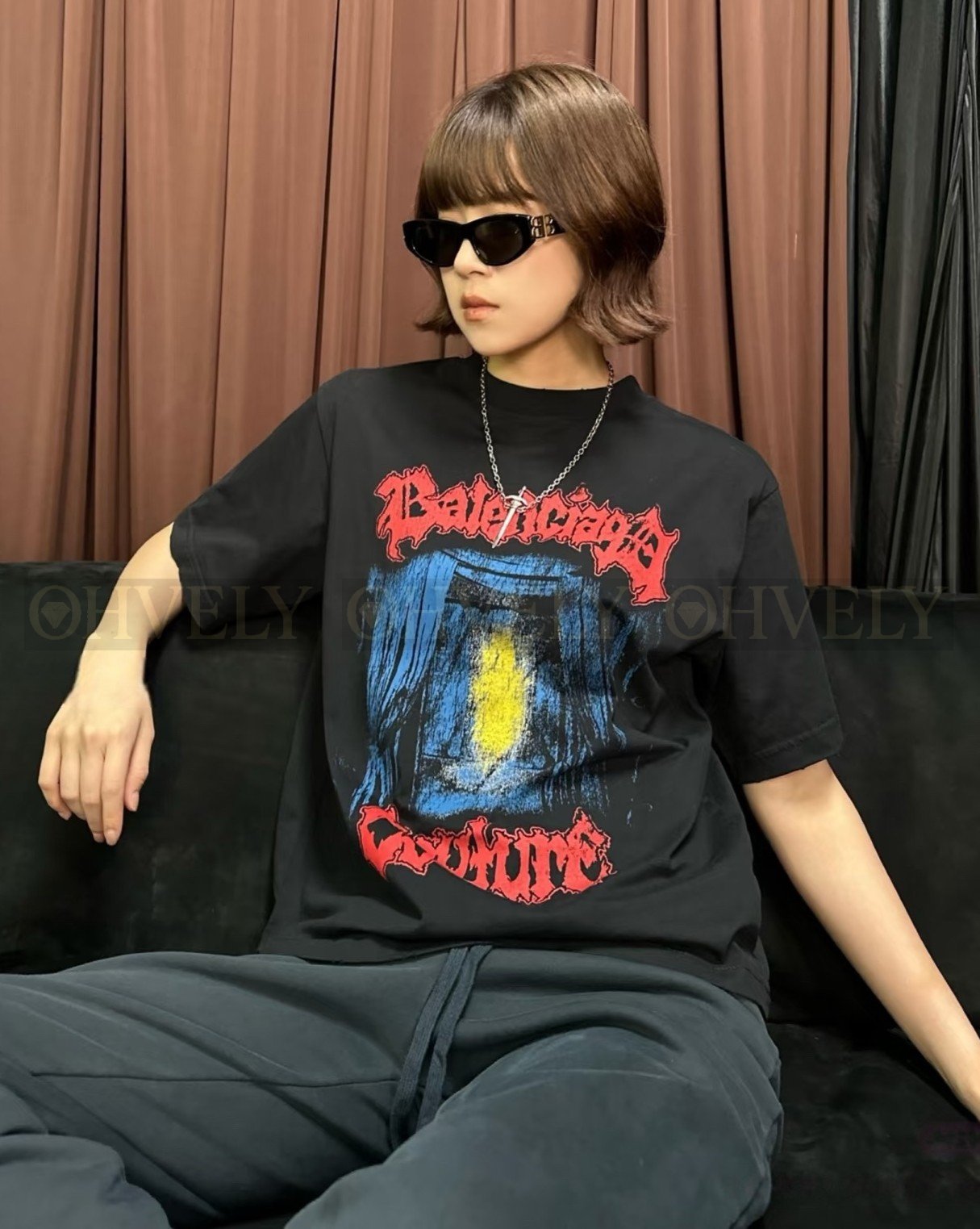 【 ZP버전 】발렌시아가 Balenciaga 메탈 로고 쿠튀르 불꽃 그래픽 티셔츠 블랙