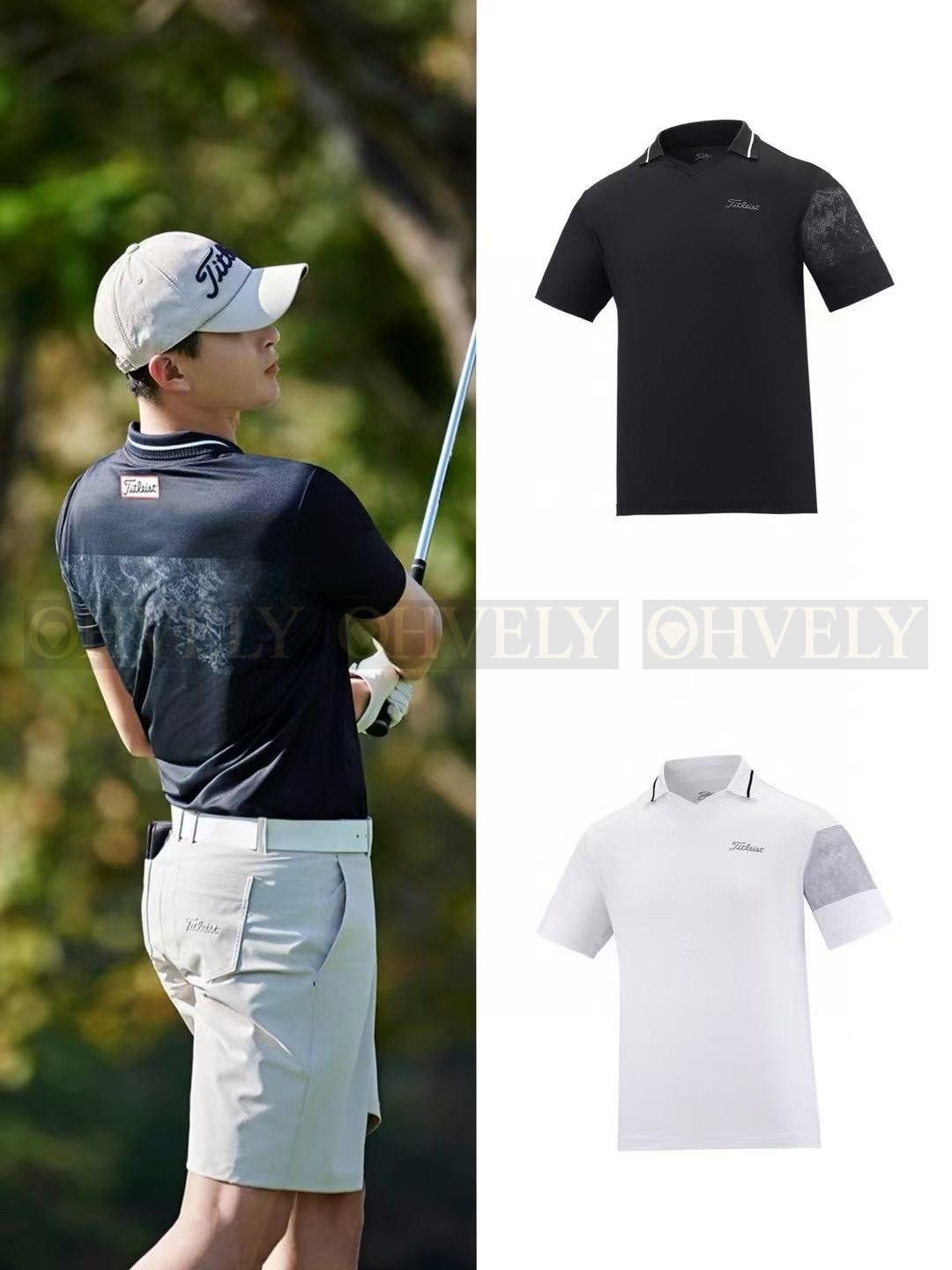 Titleist 타이틀리스트 남성 한쪽 소매 카모 배색 오픈 카라 반소매 티셔츠 (블랙/화이트)