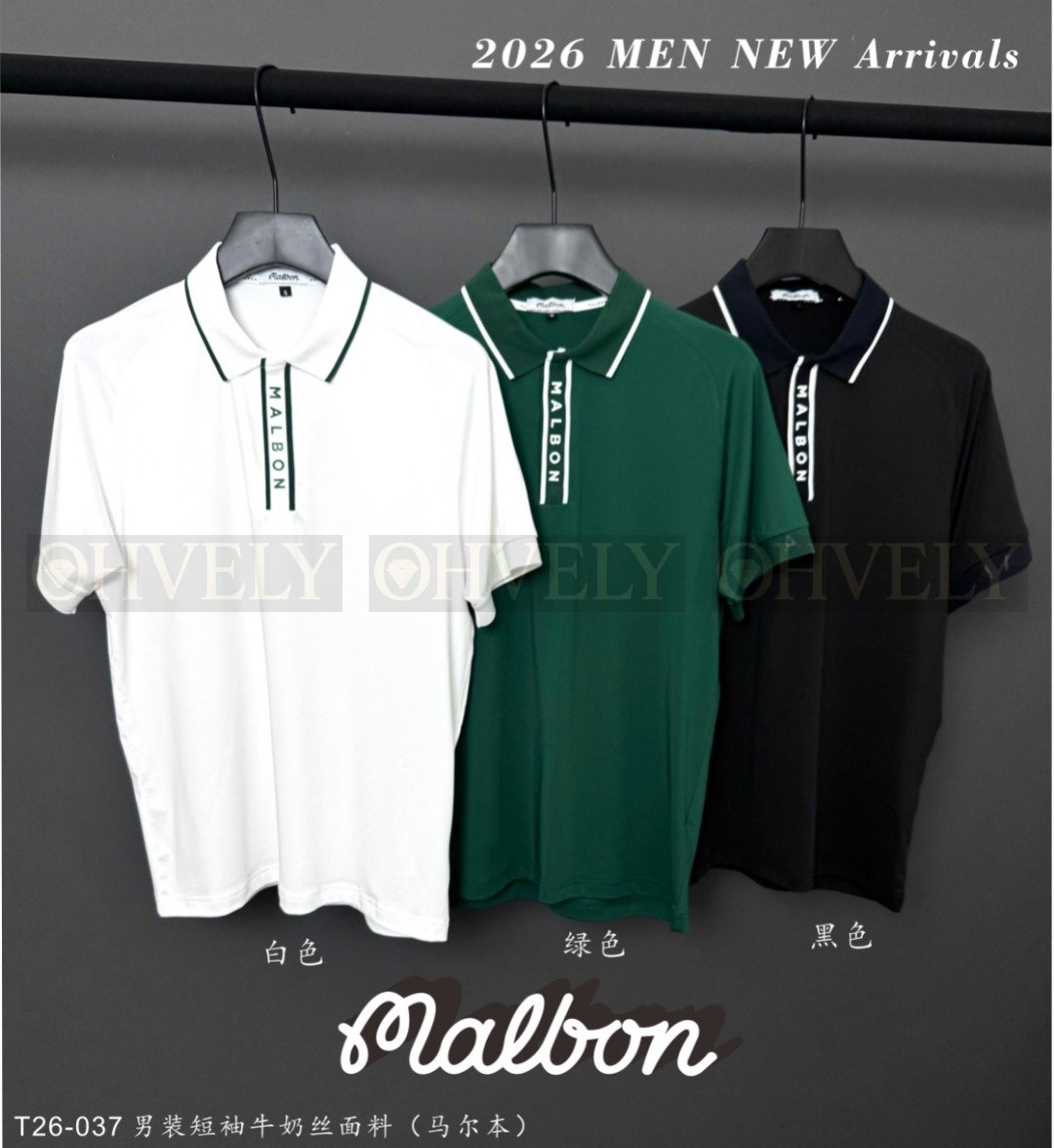 Malbon 말본 남성 플래킷 레터링 카라 반소매 티셔츠 (화이트/그린/블랙)
