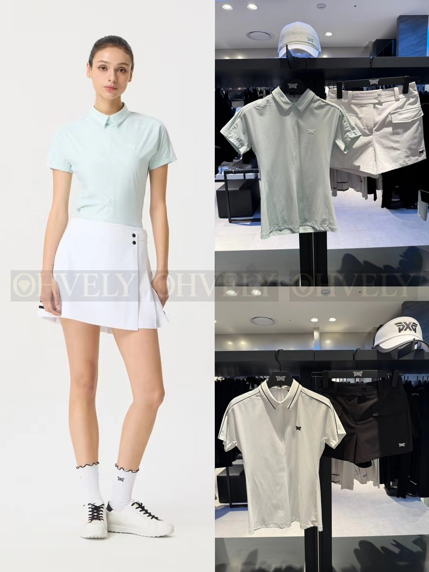 PXG 피엑스지 여성 어깨 라인 배색 반소매 카라 티셔츠 (민트 / 화이트)