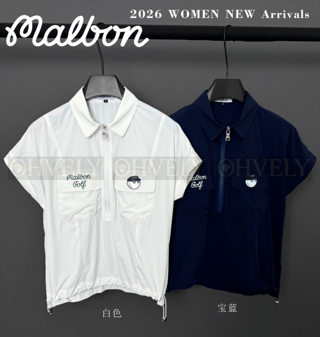 Malbon 말본 여성 포켓 자수 로고 하프 집업 아노락 반소매 바람막이 점퍼 (화이트 / 네이비)