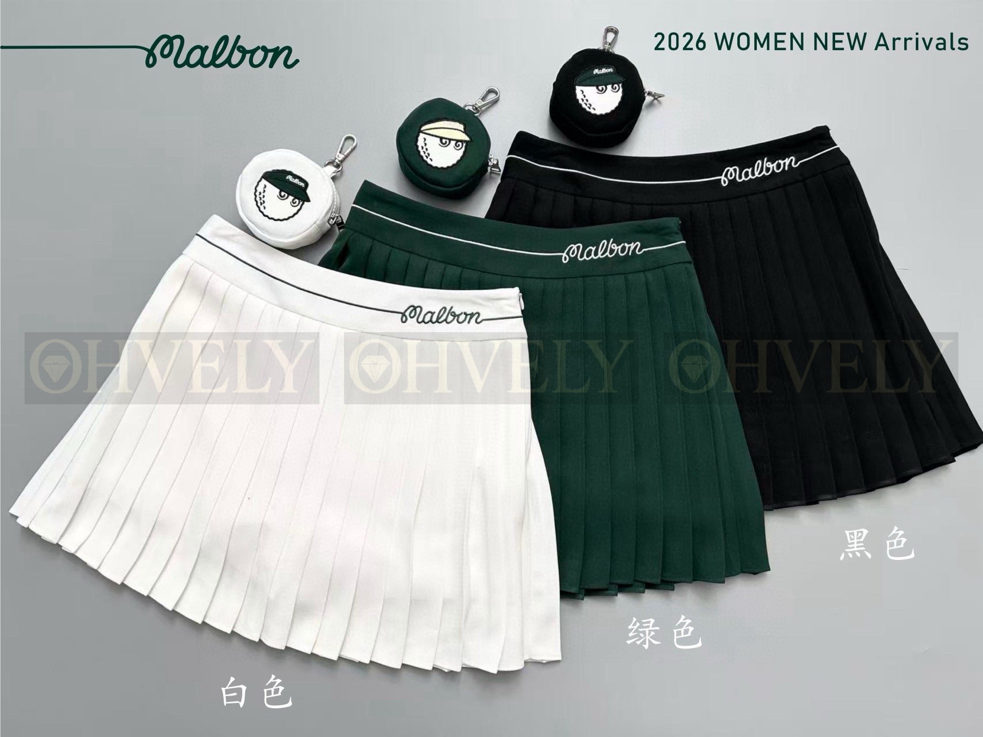 Malbon 말본 여성 허리 라인 자수 로고 플리츠 스커트 치마 (화이트 / 그린 / 블랙)