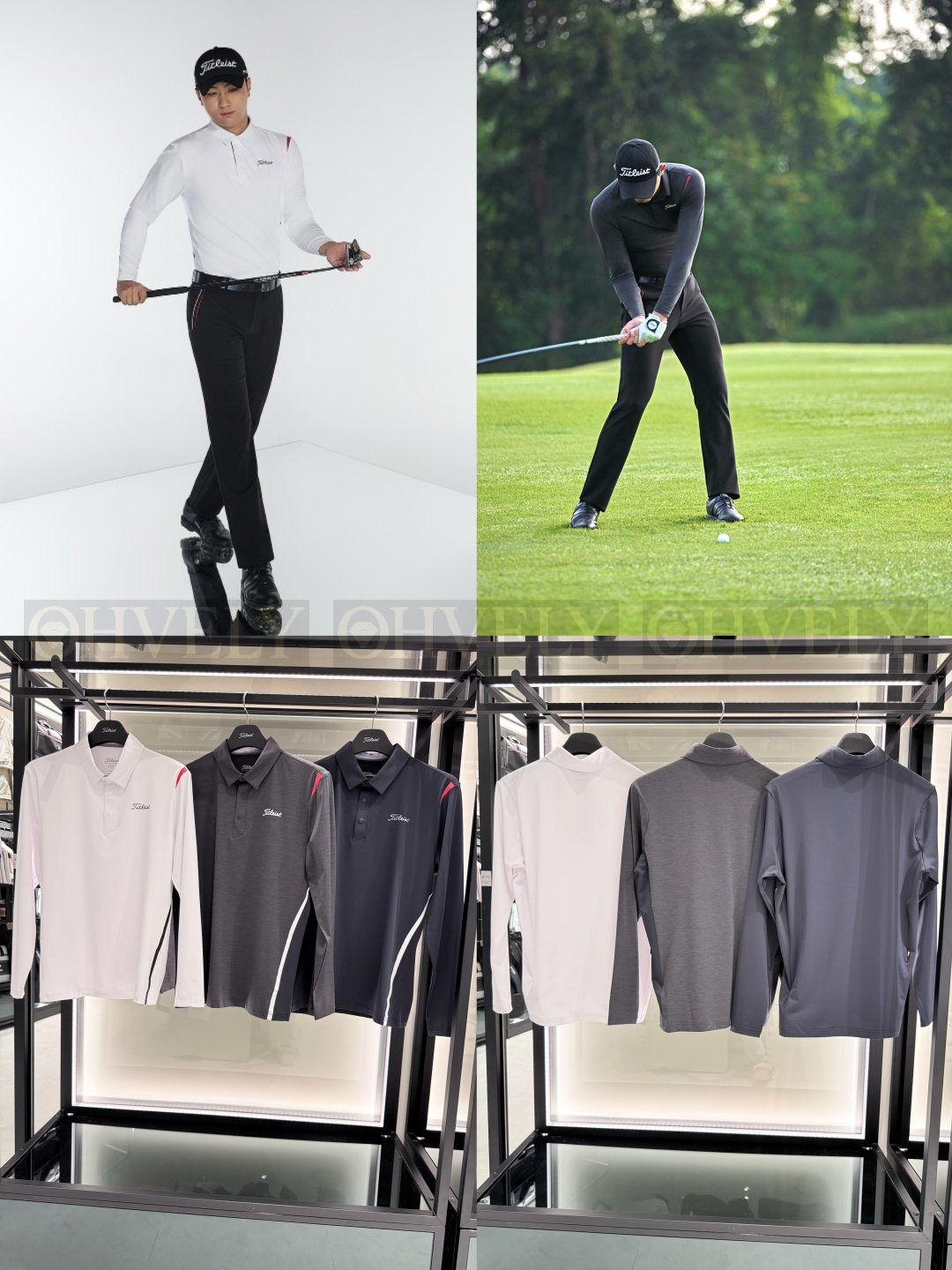 Titleist 타이틀리스트 남성 사이드 곡선 배색 긴소매 카라티 (화이트, 차콜, 네이비)