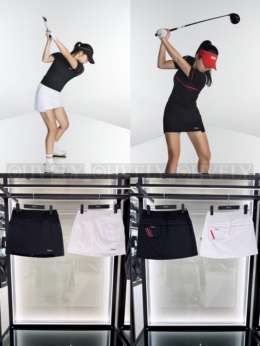 Titleist 타이틀리스트 여성 백 포켓 라인 배색 큐롯 스커트 (블랙, 화이트)