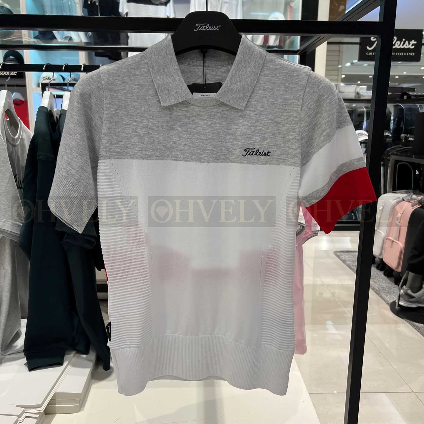 Titleist 타이틀리스트 여성 삼색 배색 블록 반소매 카라 니트