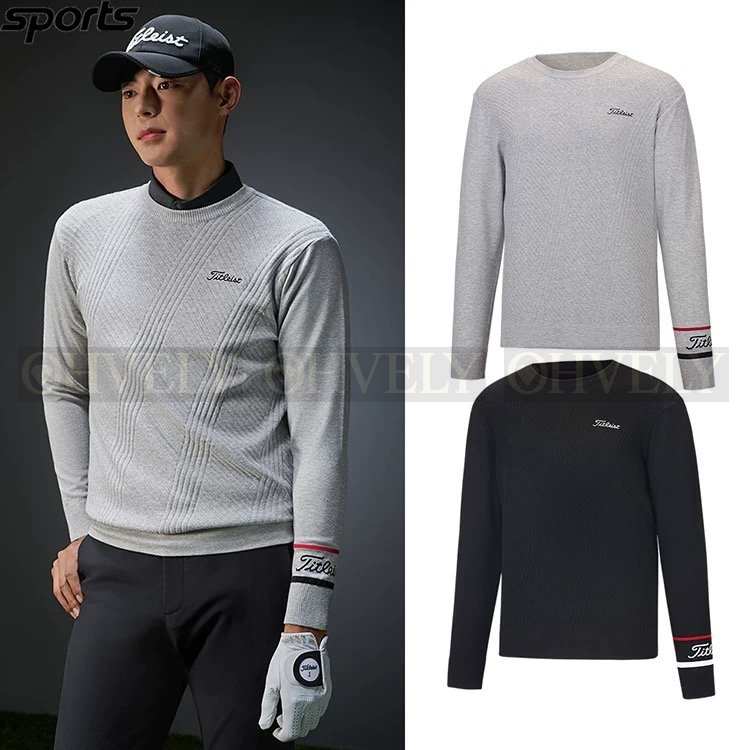 Titleist 타이틀리스트 남성 사선 조직 스티치 라인 풀오버 골프 니트 티셔츠 (그레이/블랙)
