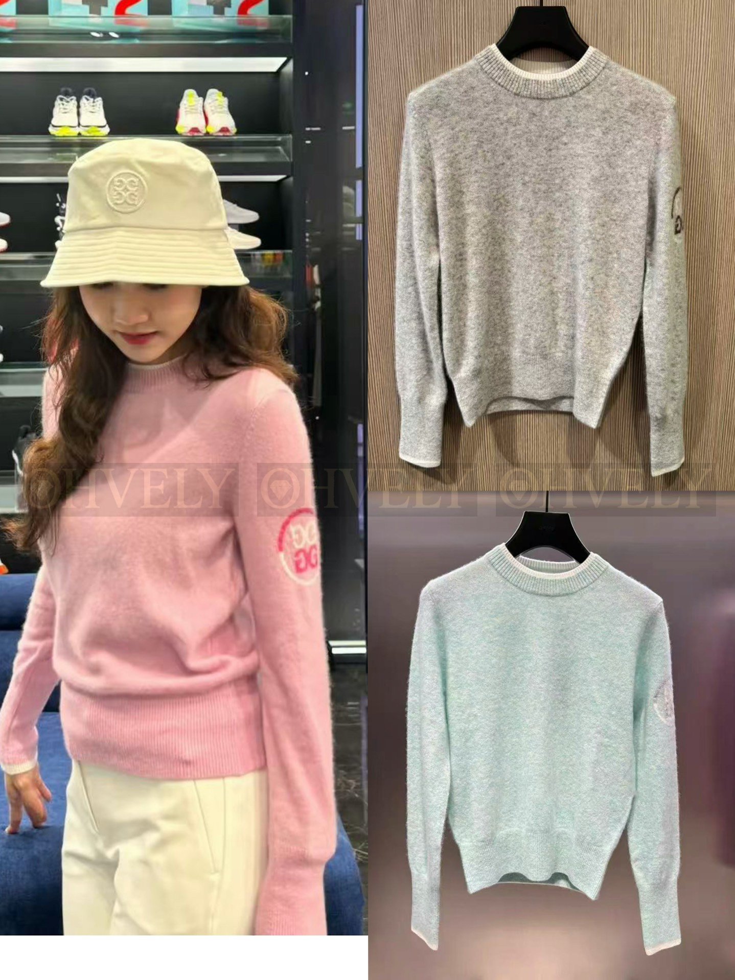 G/FORE 지포어 여성 소매 로고 자수 크루넥 골프 니트 티셔츠 (핑크/그레이/민트)