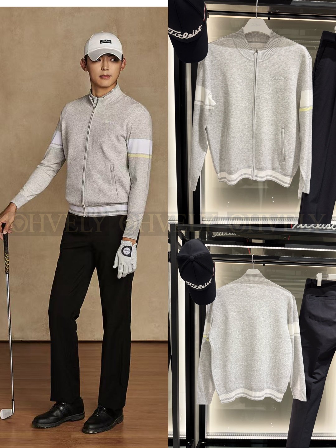 Titleist 타이틀리스트 남성 소매 블록 배색 라인 풀집업 골프 니트 가디건 자켓 (그레이)