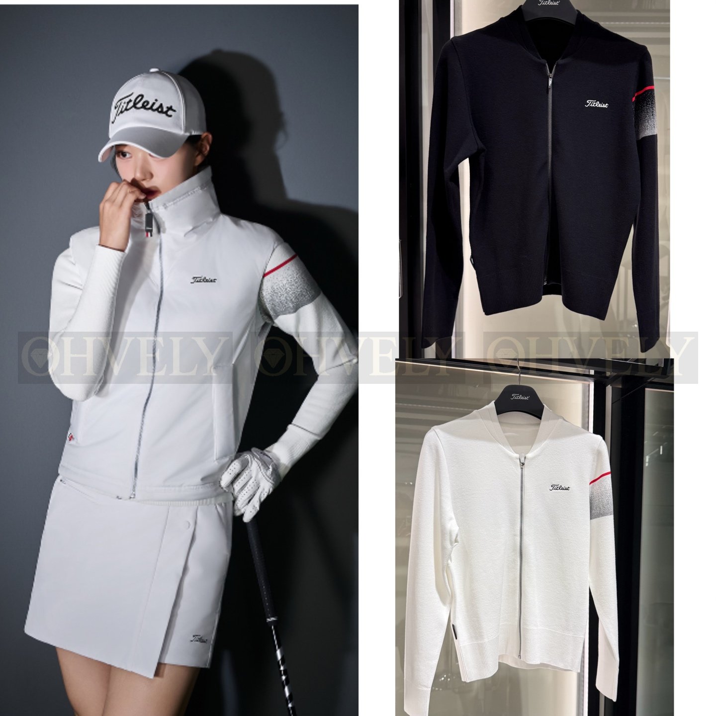 Titleist 타이틀리스트 여성 소매 그라데이션 라인 풀집업 골프 니트 가디건 자켓 (블랙/화이트)