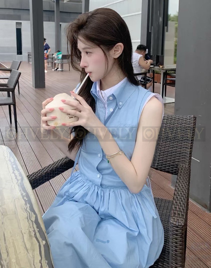 【 ZP버전 】미우미우 블루 사이드 리본 타이 칼라 원피스