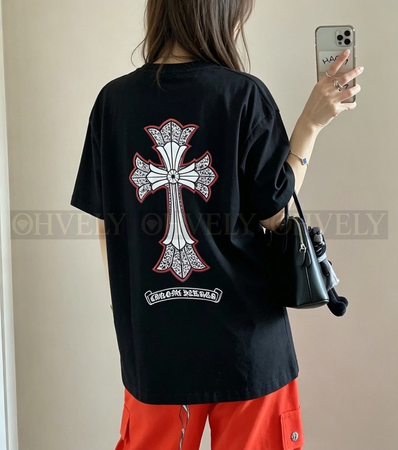 【 ZP버전 】크롬하츠 더블 레이어 드롭 크로스 포켓 반팔 티셔츠 블랙