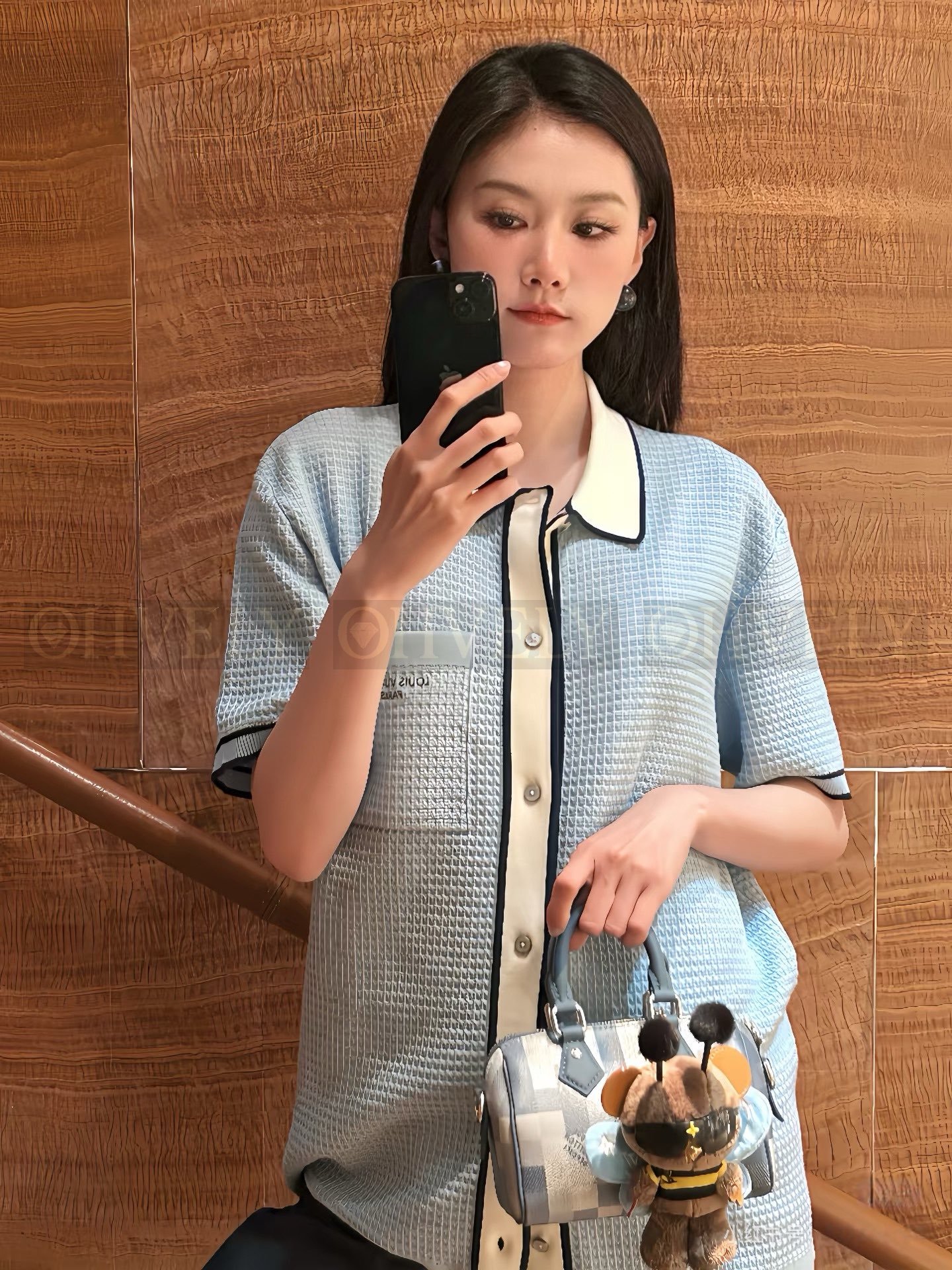 【 ZP버전 】루이비통 와플 니트 오픈 카라 가디건 셔츠 스카이블루