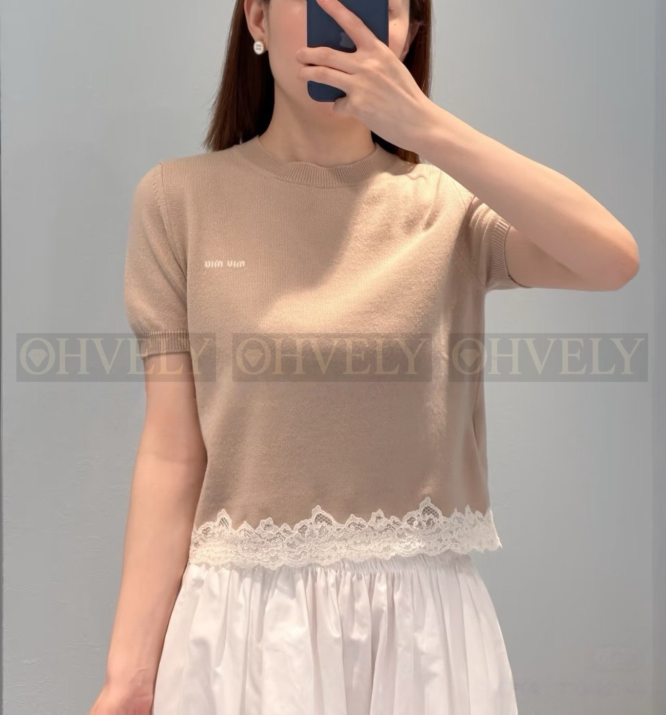 【 ZP버전 】M 베이지 레이스 패치워크 니트 반팔 티셔츠