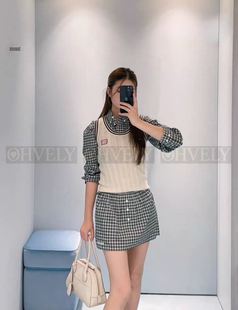 【 ZP버전 】MIU 그린 화이트 체크 미니 스커트 상품 썸네일