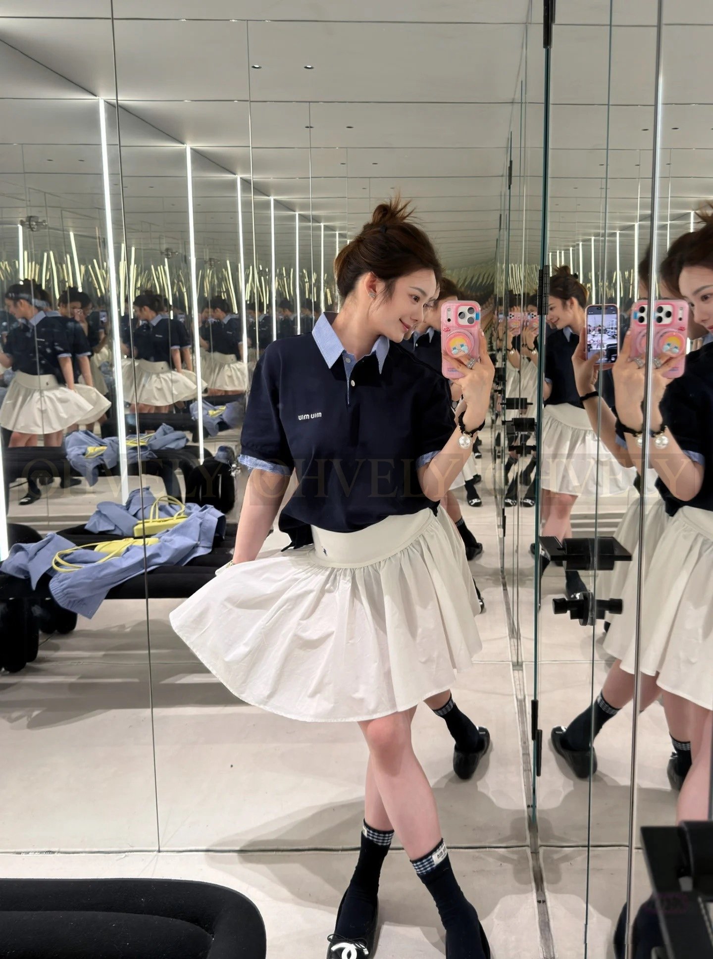 【 ZP버전 】MIU 레이어드 패치워크 폴로 반팔 티셔츠 상품 썸네일