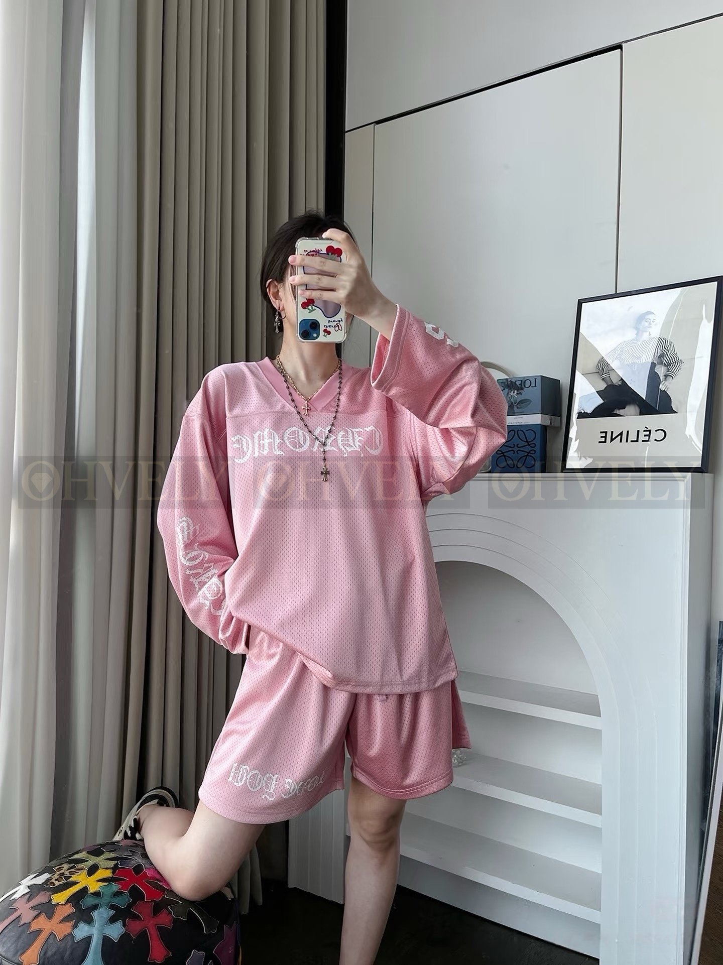 【 ZP버전 】크롬하츠 한정판 핑크 메쉬 스포츠 긴팔 상품 썸네일