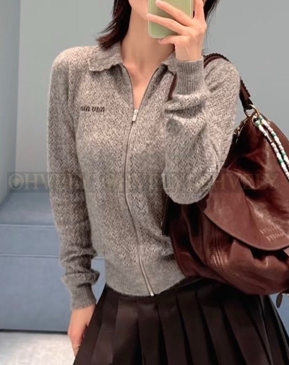 【 ZP버전 】MIU 그레이 펀칭 집업 니트 가디건