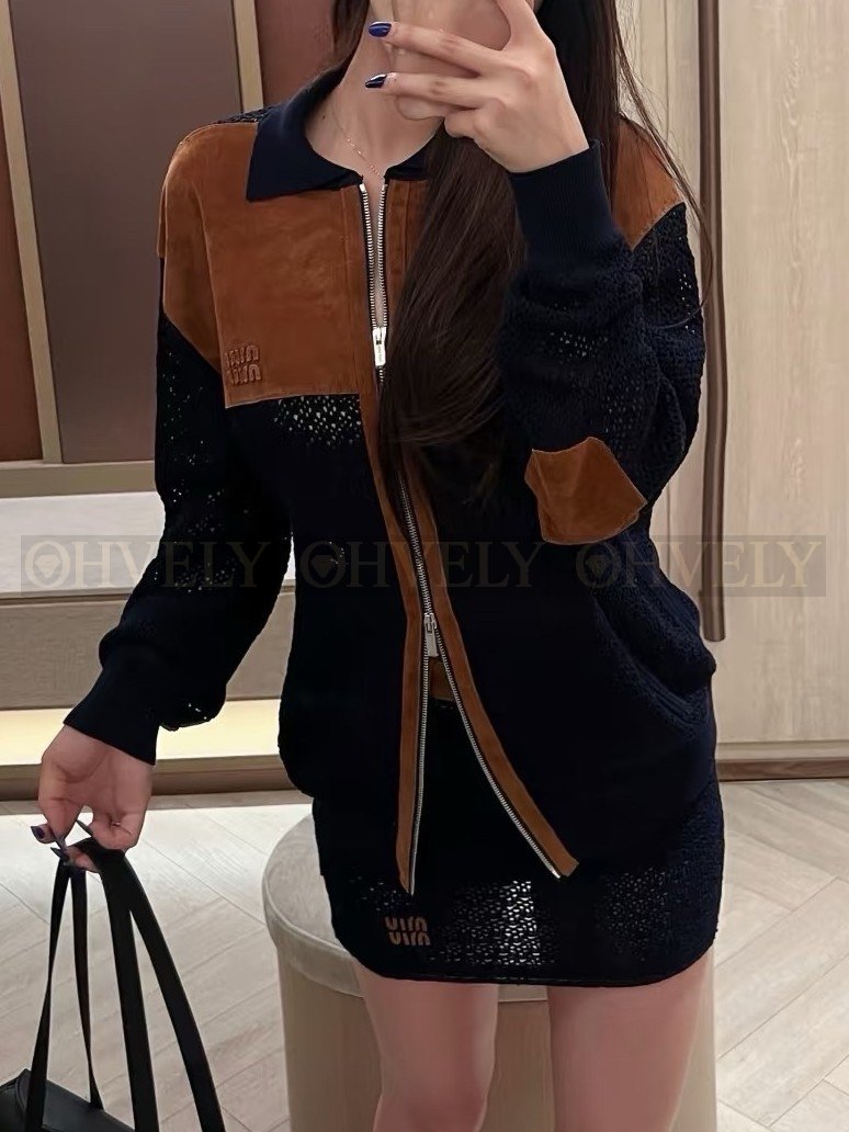 【 ZP버전 】 MIU 빈티지 배색 스웨이드 펀칭 집업 자켓