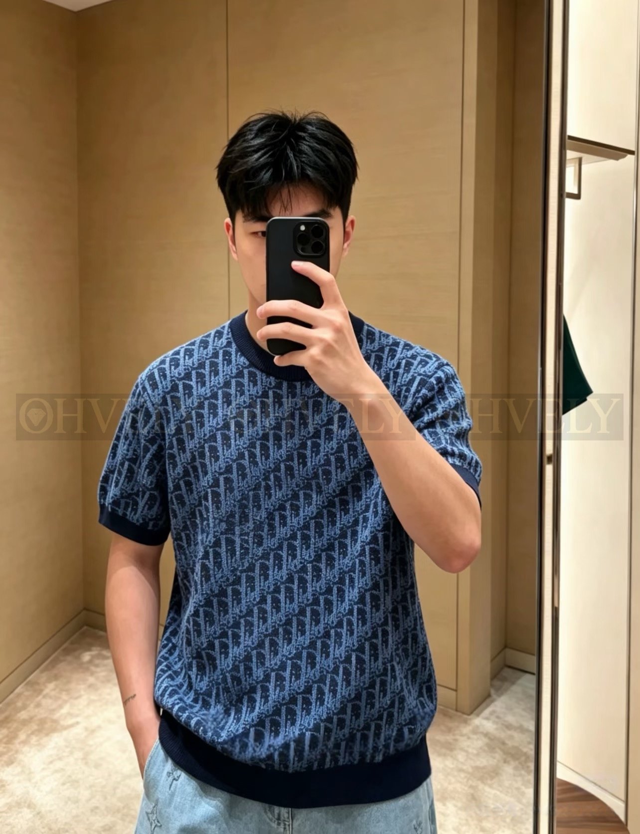 【 ZP버전 】DI 올오버 자카드 블루 반팔 니트 상품 썸네일