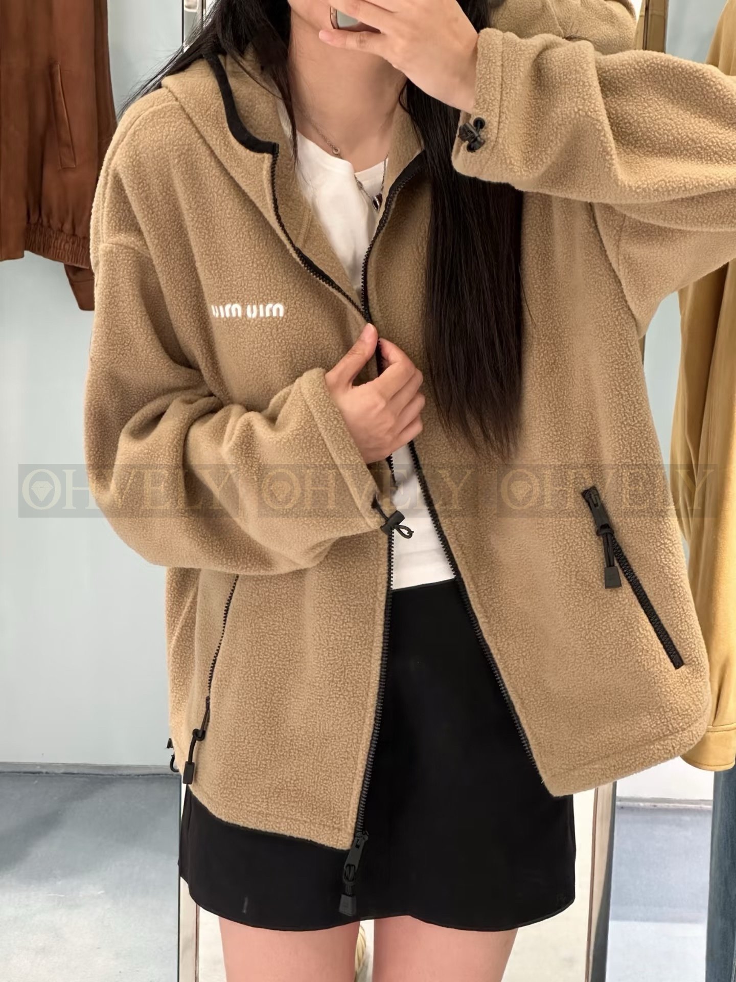 【 ZP버전 】MIU 카멜 후디 플리스 집업 자켓