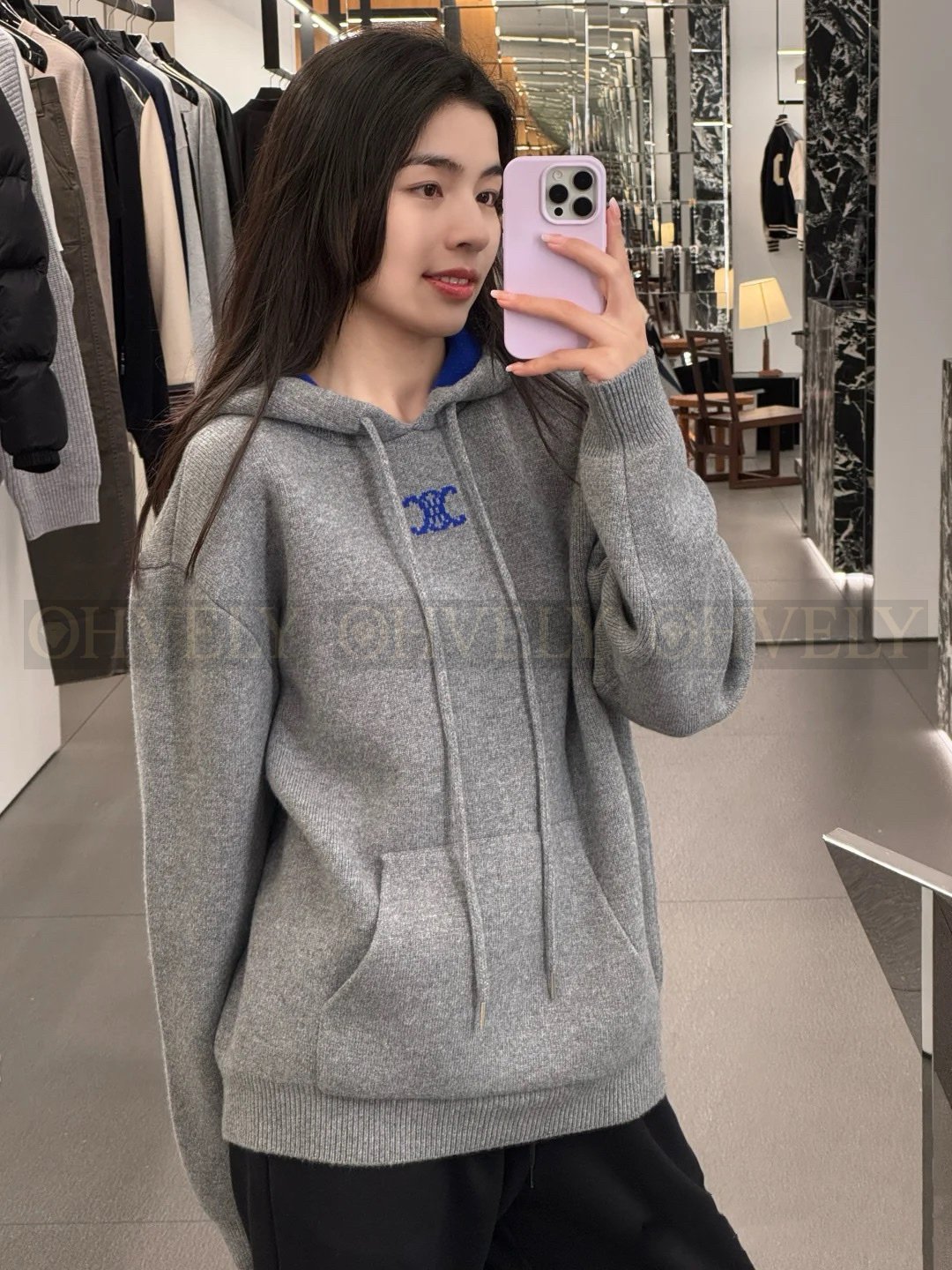 【 ZP버전 】CEL 신상 그레이 블루 배색 마이크로 로고 후드티