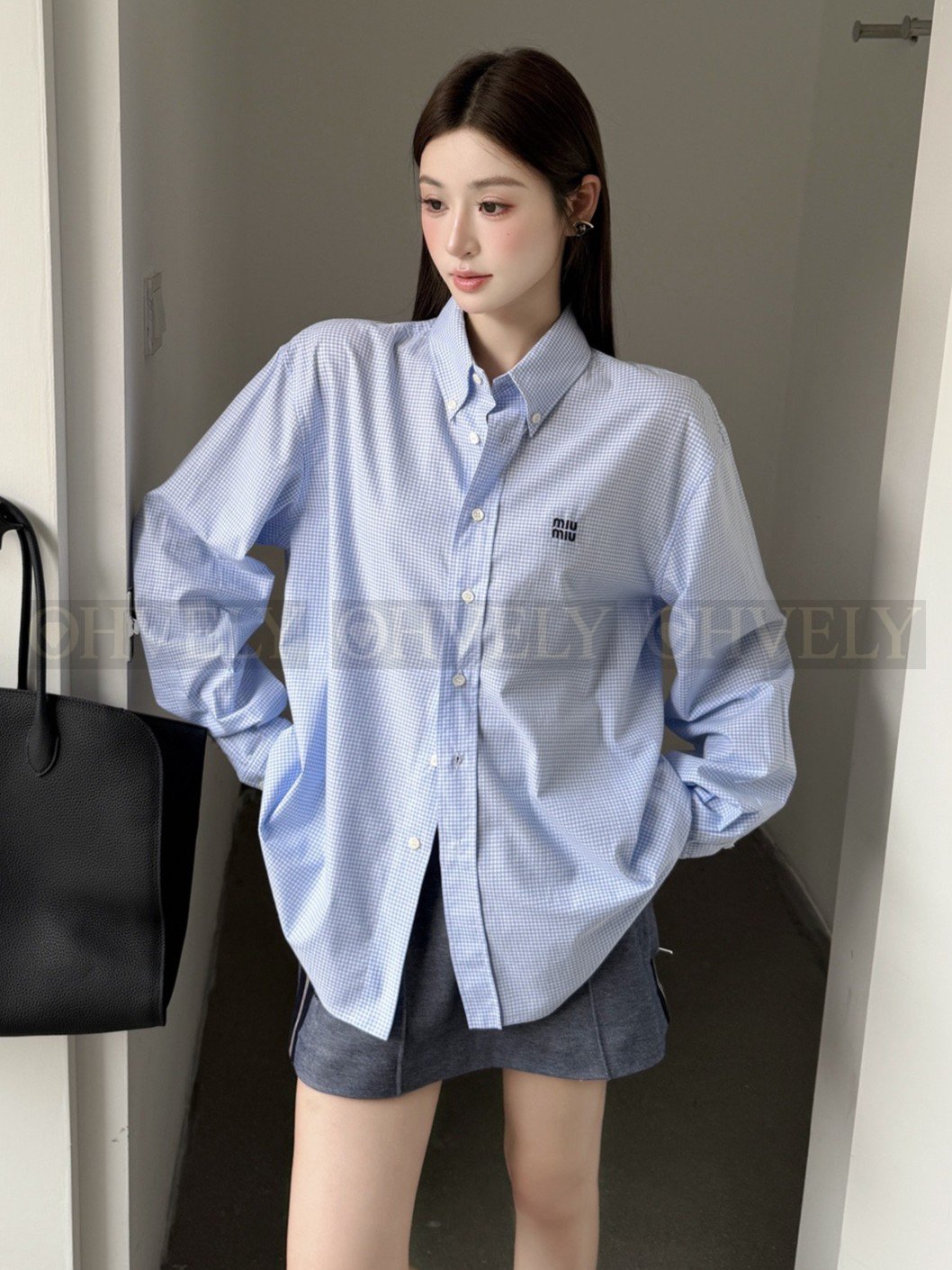 【 ZP버전 】MIU 미니 로고 체크 긴팔 셔츠 상품 썸네일
